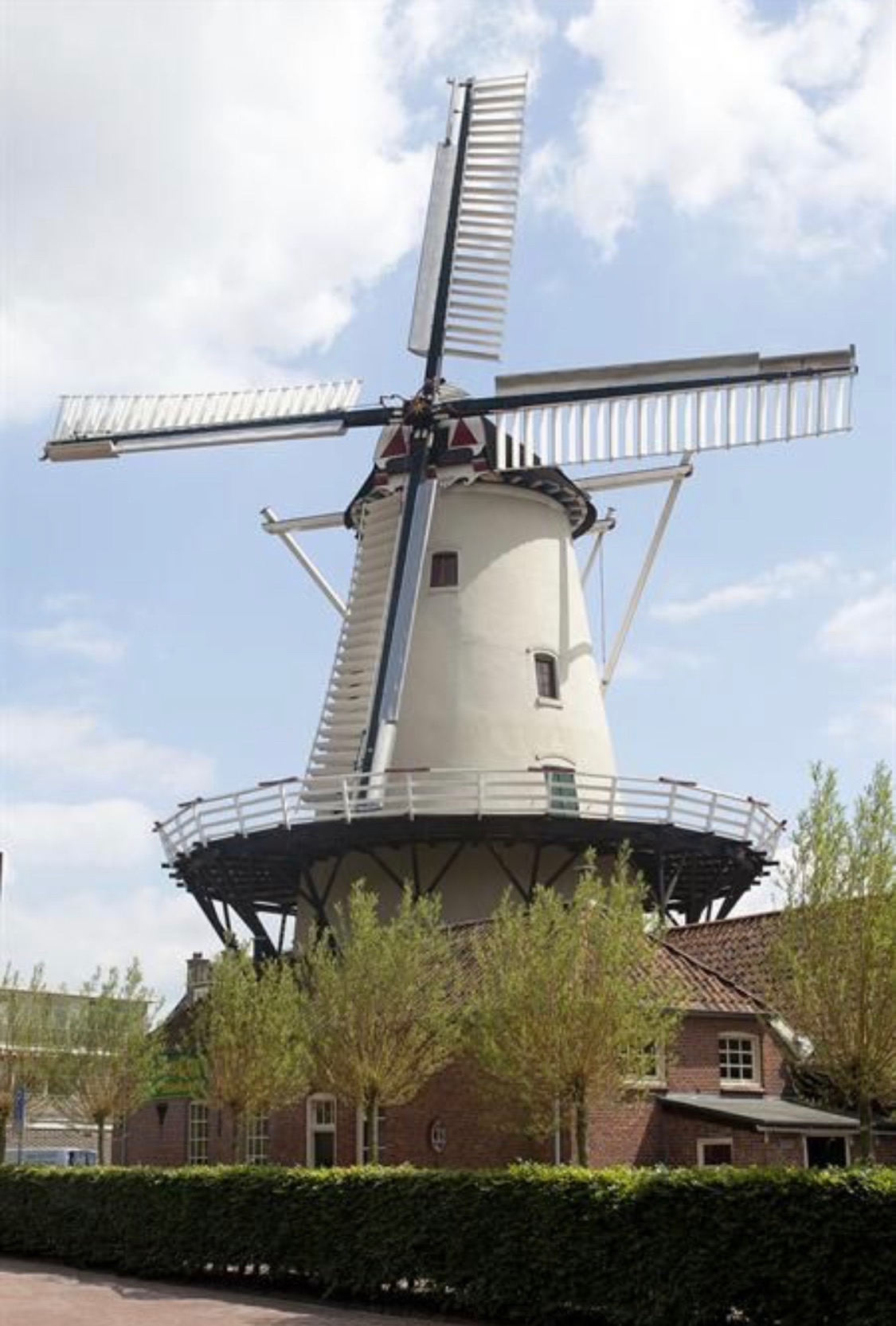 Molen De Hoop bij daglicht, met de witte toren en alle wieken in beeld.
